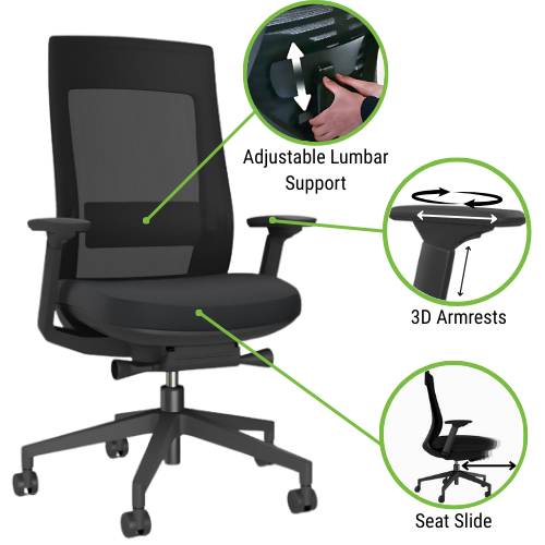 X22 Ergonomic Posture Office Chair with Mesh Back - Adjustable Lumbar Support - Seat Slide - Black